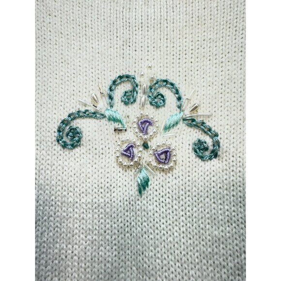 Koret Womens Embroidered Floral Vest L Ivory Green Purple Pearl Button Croquette - Picture 10 of 14